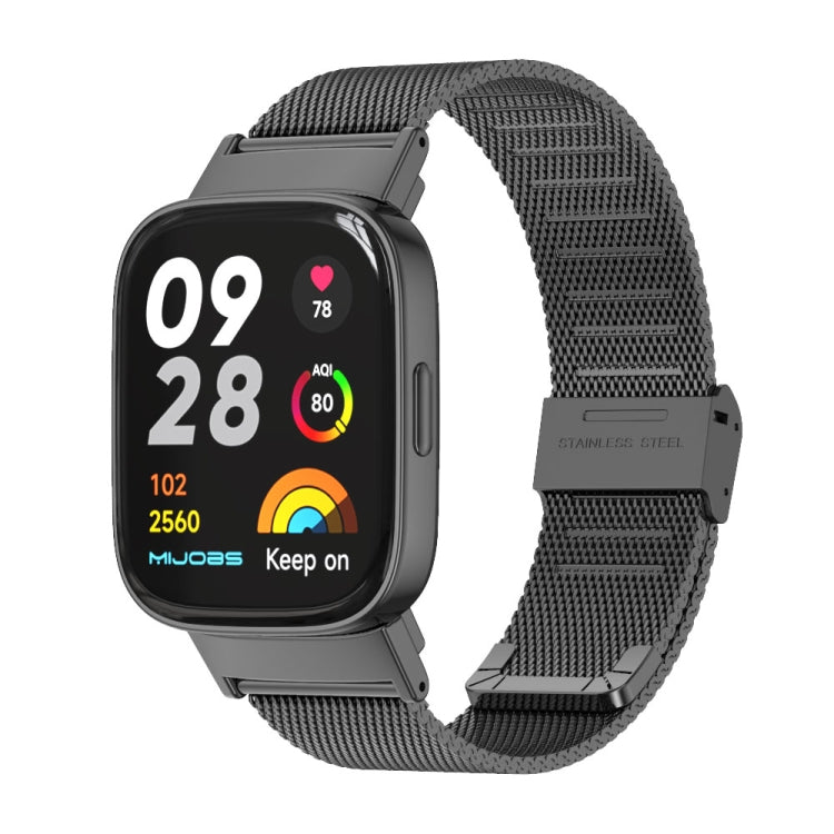 Black stainless-steel mesh watch band with metal buckle for a smartwatch.