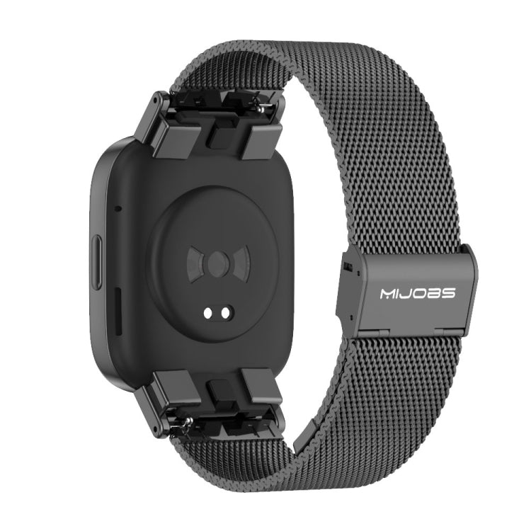 Black metal watch band showing clasp and connector clips on the underside.