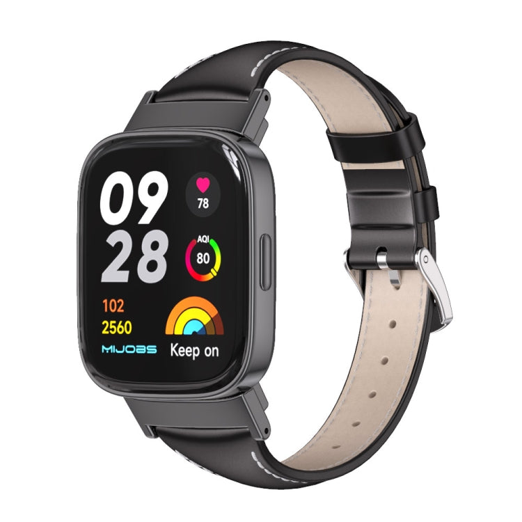 Genuine leather slim watch band, black with buckle and pin holes, for Redmi Watch 3