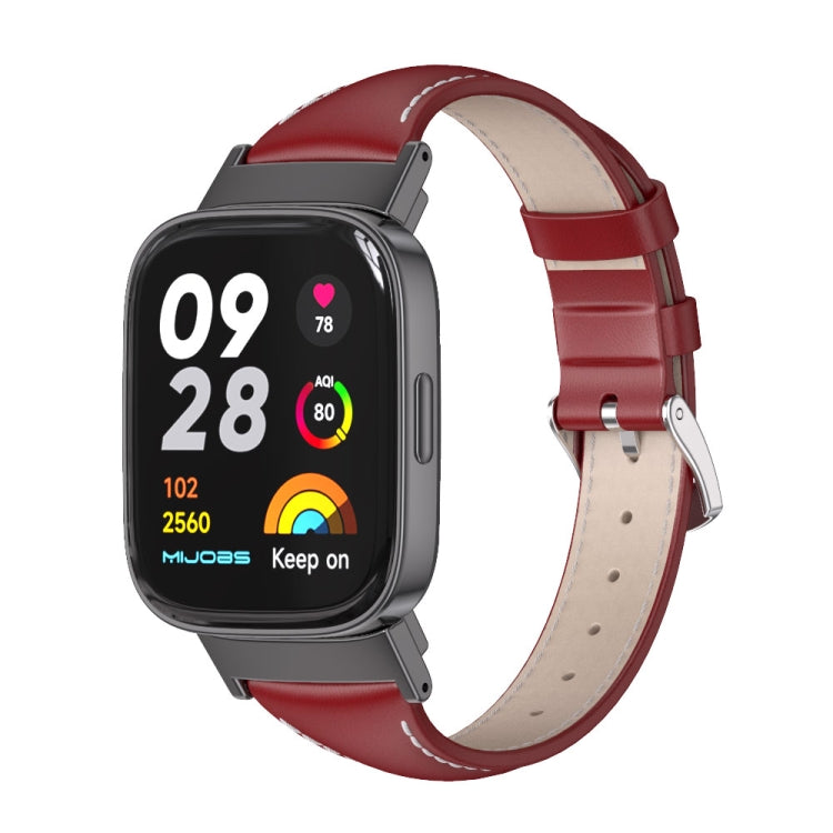 Genuine leather slim watch band, red with buckle and pin holes, for Redmi Watch 3