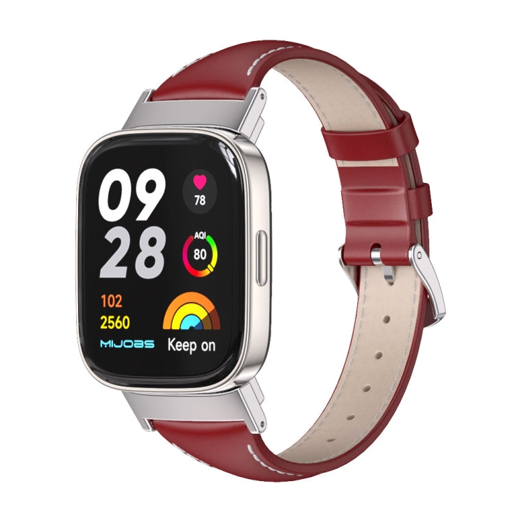Genuine leather slim watch band, red with buckle and stitching holes, for Redmi Watch 3