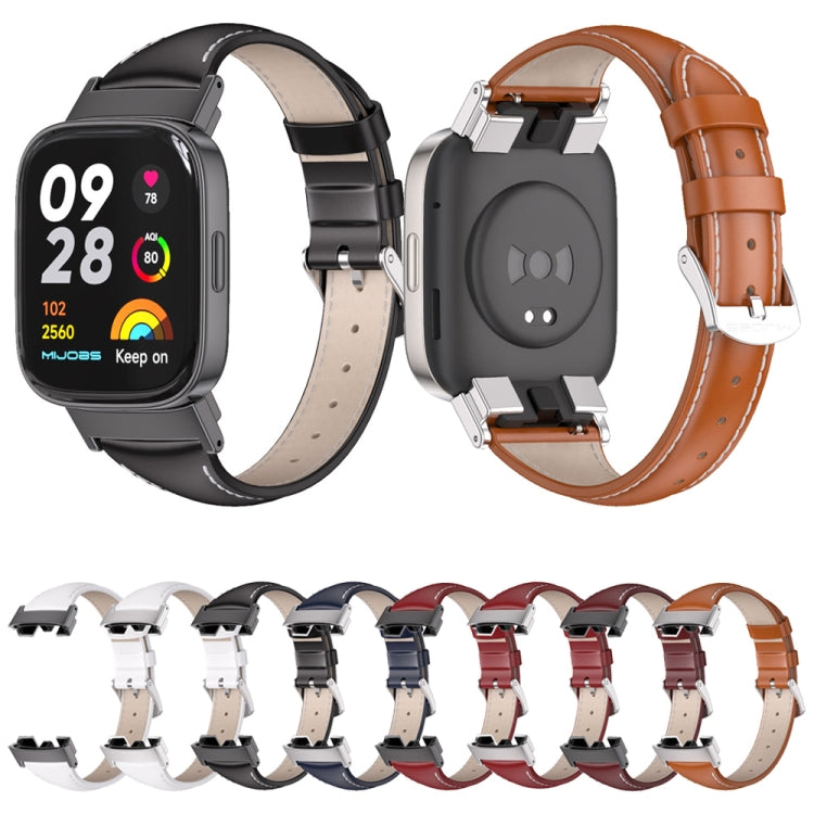 Genuine leather slim watch band, black and tan-brown with clasps and pin holes, for Redmi Watch 3