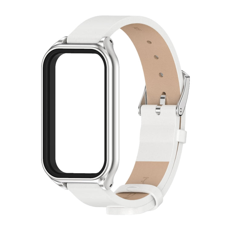 White PU leather smartwatch band with metal shell, silver-toned case, blank display