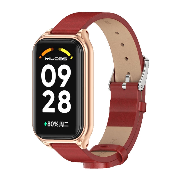 Red PU leather smartwatch band with metal shell, rose-gold toned watch case