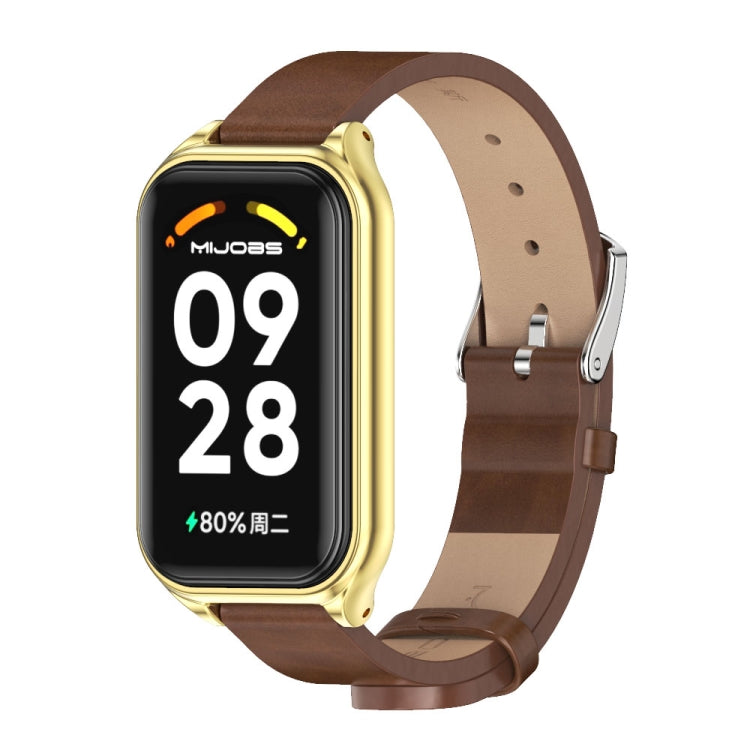 Brown PU leather smartwatch band with metal shell, gold-toned watch case