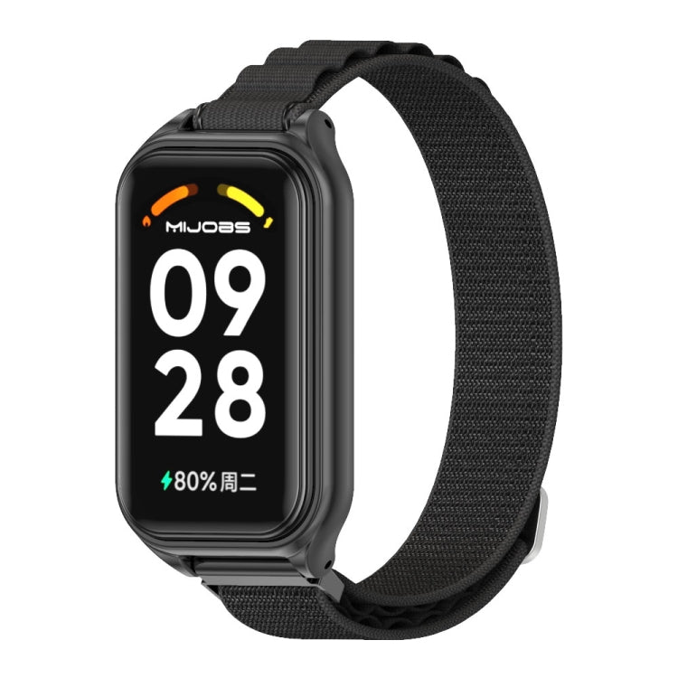 Metal-shell nylon watch band with black strap and black smartwatch face