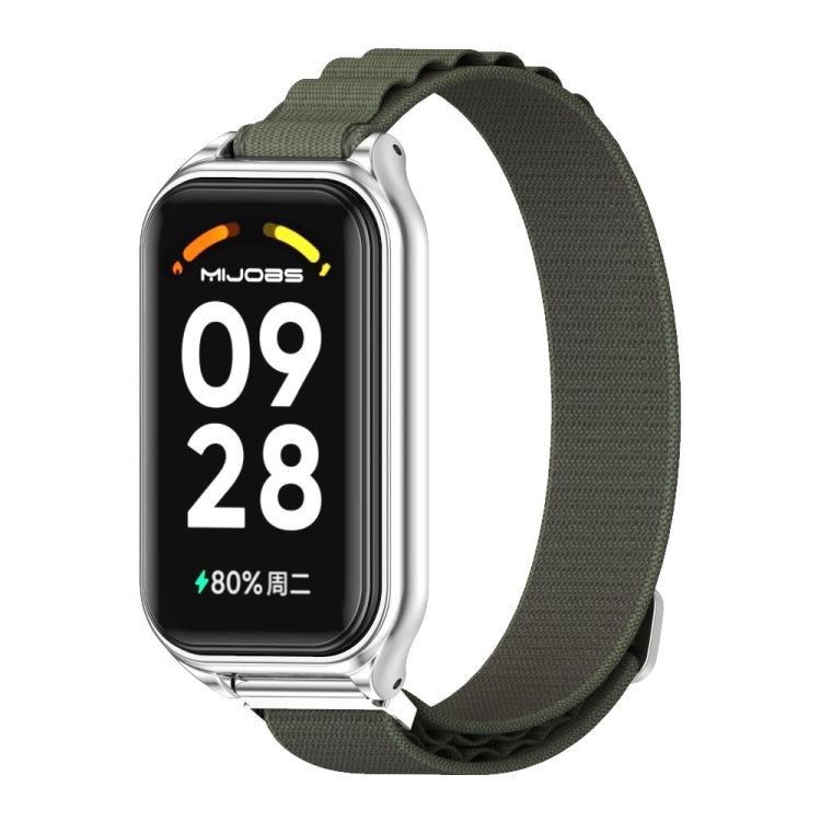 Metal-shell nylon watch band with khaki green strap and silver smartwatch frame