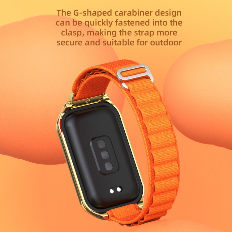 Metal-shell nylon watch band with orange strap and metal clasp attachment