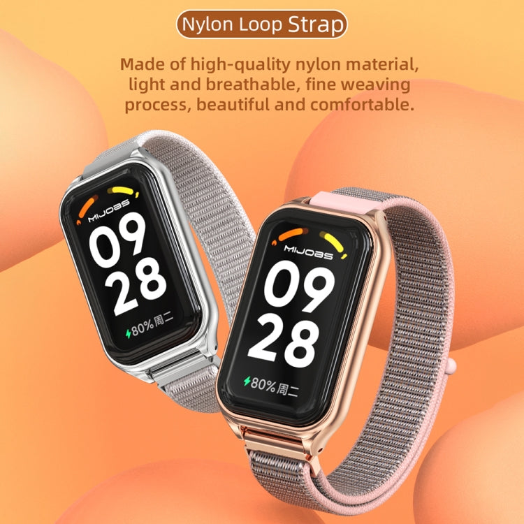 Metal-shell nylon loop watch band with gray strap and silver smartwatch frame