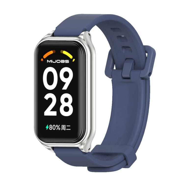 Metal shell silicone watch band, midnight blue strap with silver frame and dark display
