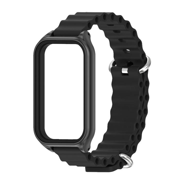 Black metal shell silicone watch band with silver clasp and perforated strap links