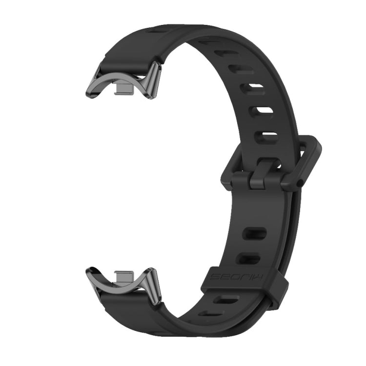 Black breathable silicone watch band with perforations and metal-toned clasp