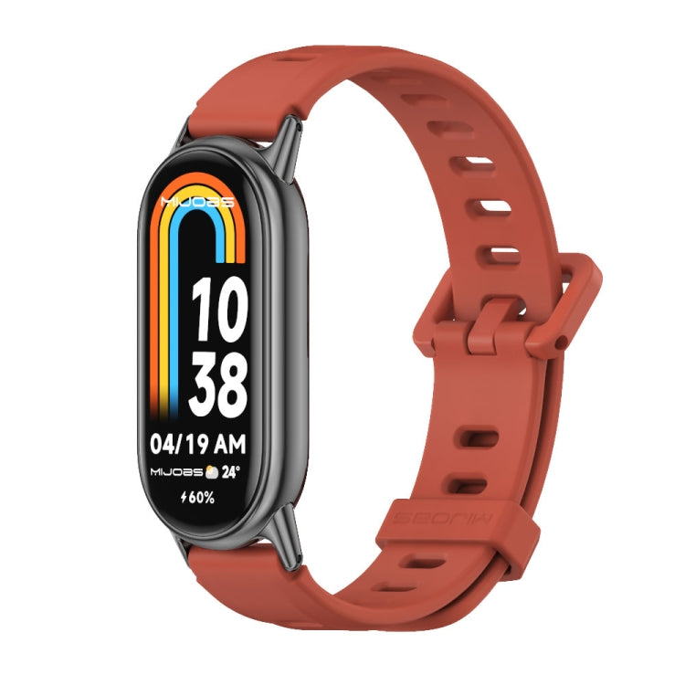 Orange+black breathable silicone watch band with perforations and adjustable buckle
