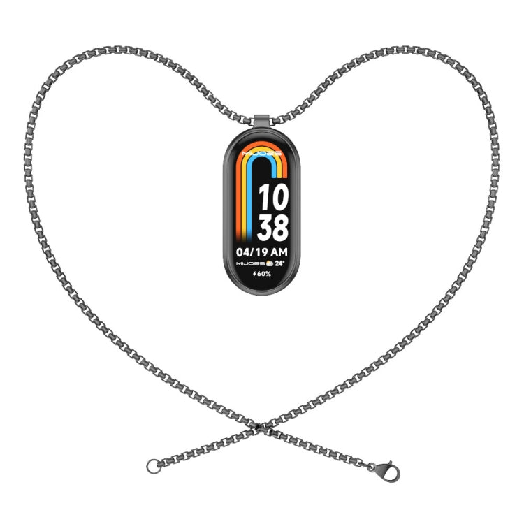 Black pendant smartwatch necklace with silver chain and rainbow 10:38 face