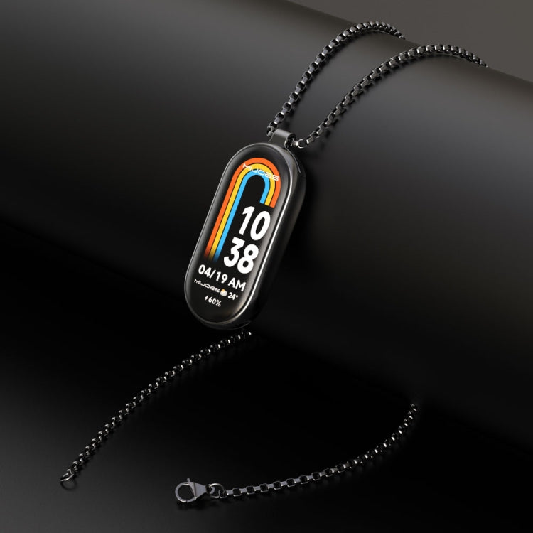 Black stainless steel pendant watch necklace with chain and rainbow 10:38 display