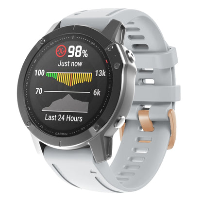 White silicone watch band with rose-gold buckle for Garmin smartwatch, ventilated links