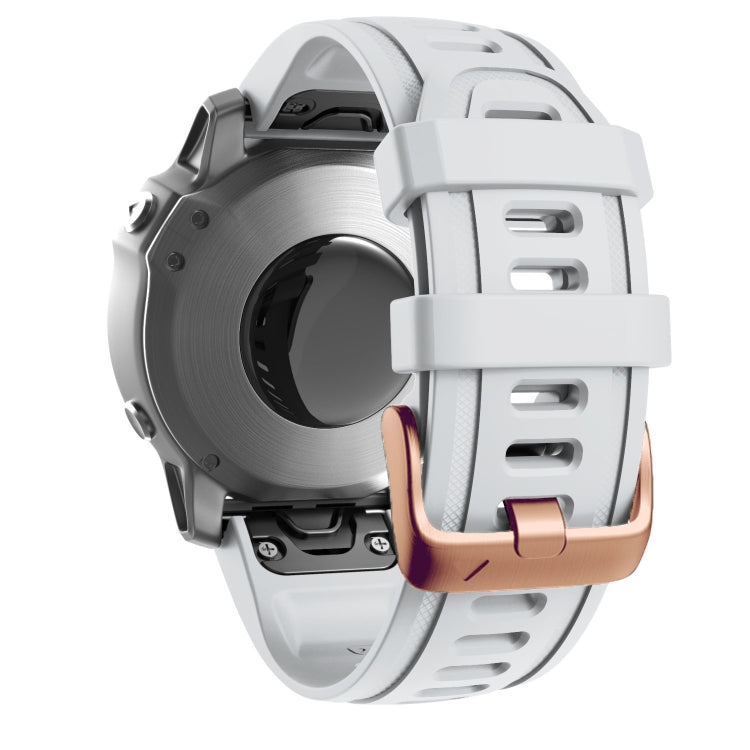White silicone watch band with rose-gold buckle and adjustable holes, 20mm width