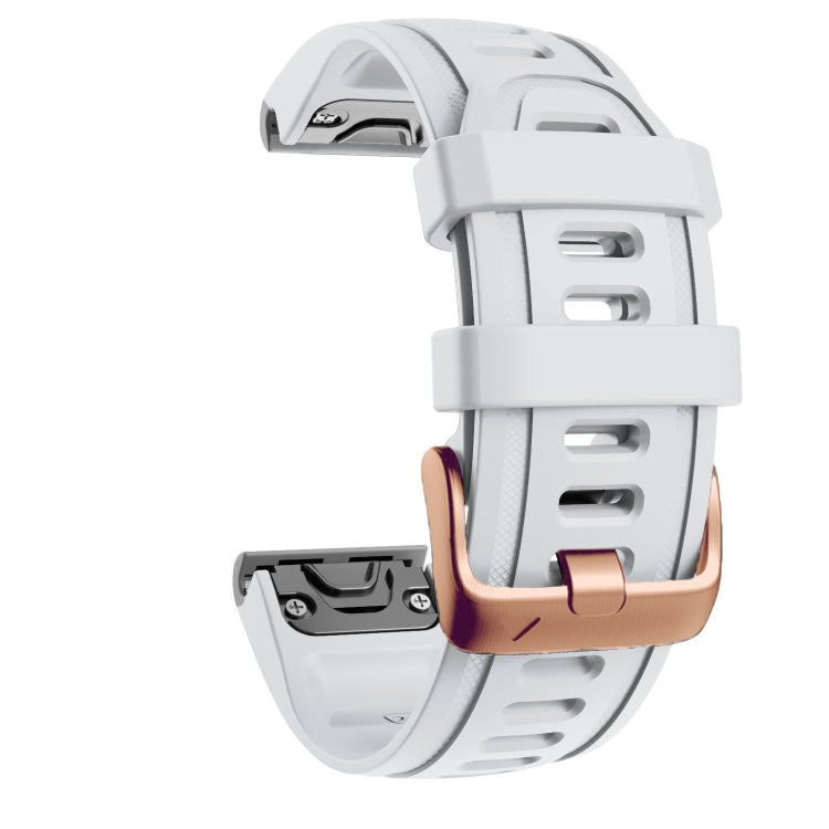 White silicone watch band with rose-gold buckle, perforated strap detail