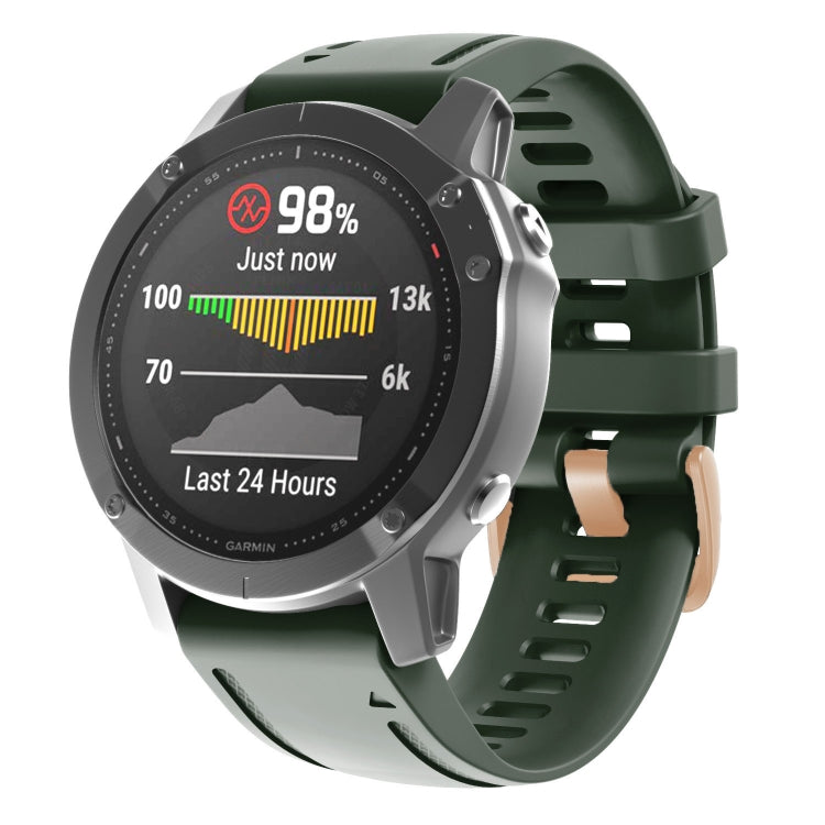 Dark green silicone watch band with rose-gold buckle and adjustable holes
