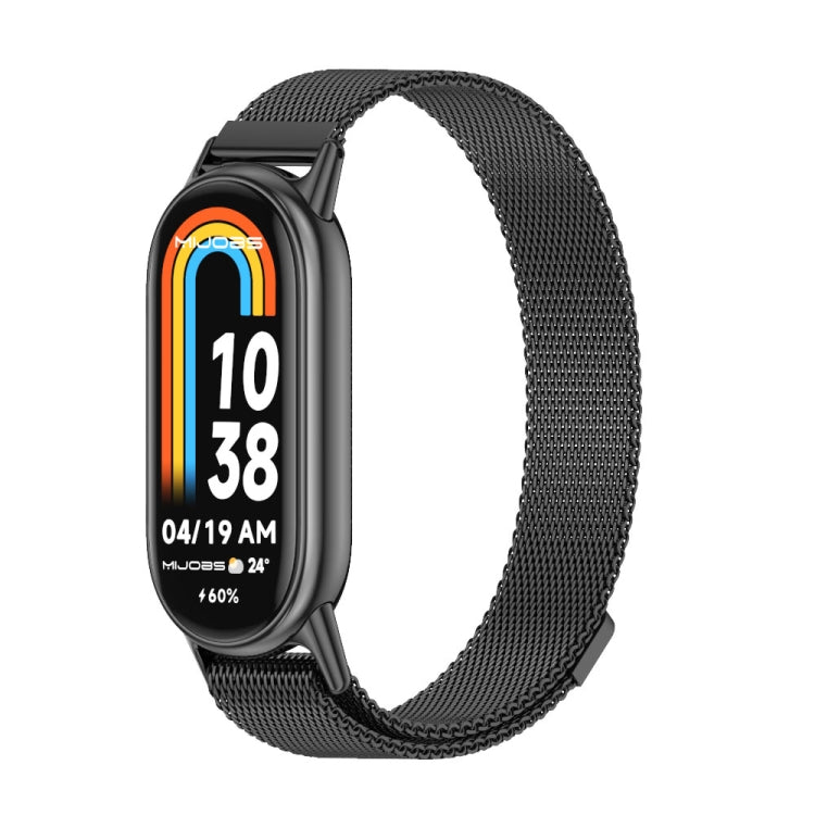 Black magnetic metal watch band with mesh links, shown with smartwatch display