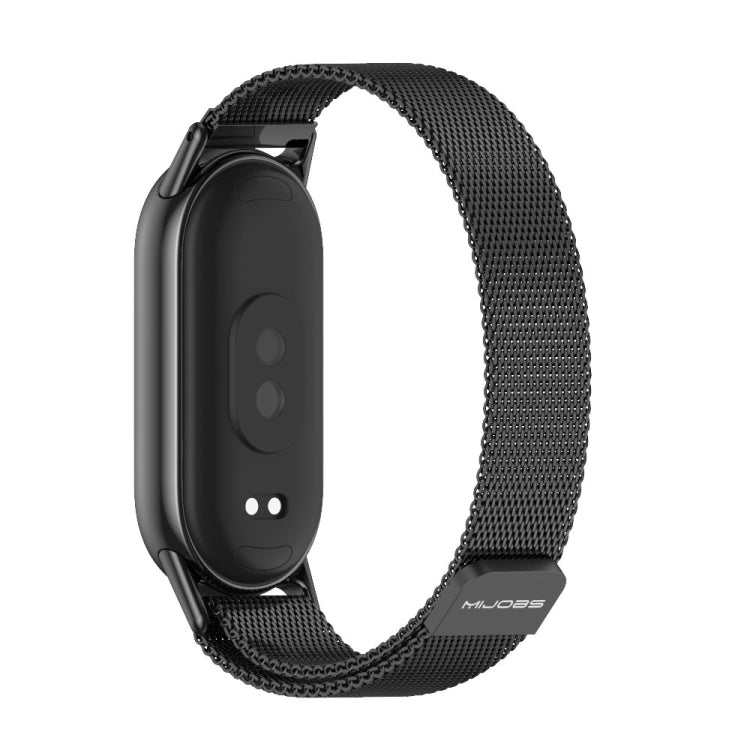 Black magnetic metal watch band with metal mesh, side view of smartwatch case