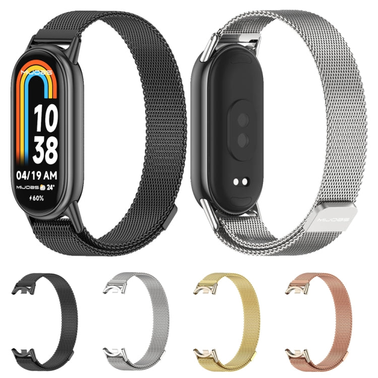 Magnetic metal watch bands in black, silver, gold, and rose gold with smartwatch faces