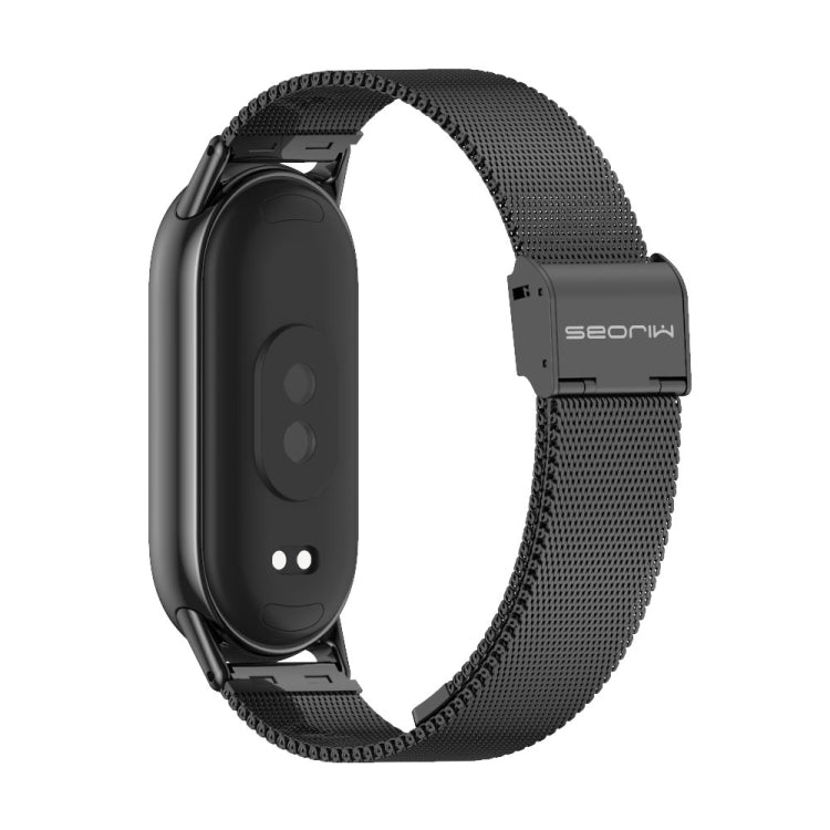 Black metal watch band with mesh strap and side buckle for smartwatch