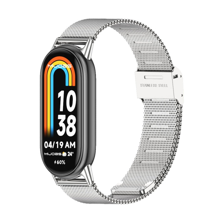 Black stainless steel mesh watch band with metal buckle and smartwatch