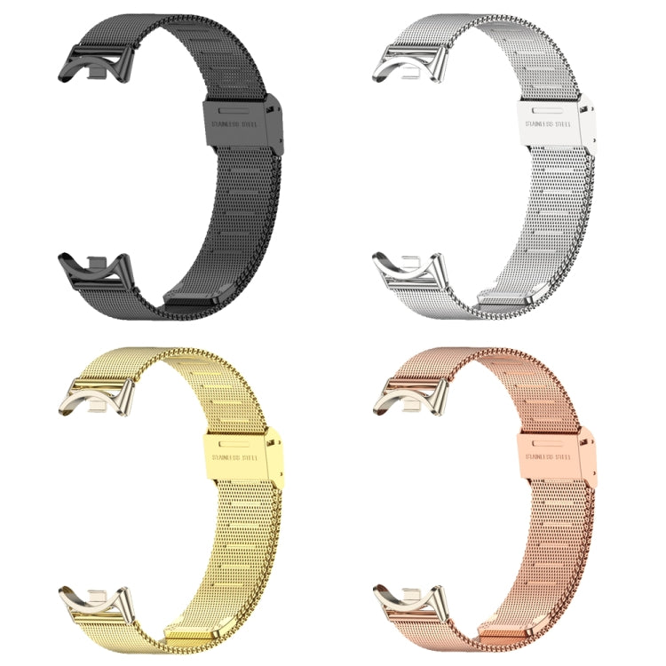 Assorted metal mesh watch bands with buckles in black, silver, gold, and rose