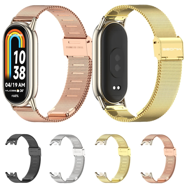 Four metal mesh watch bands with buckles in rose gold, silver, gold, and rose