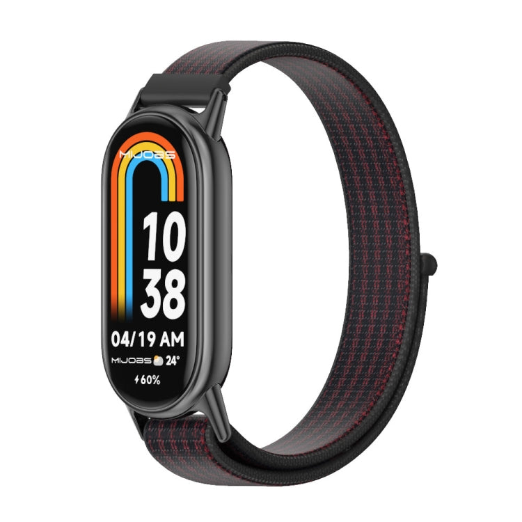 Black breathable nylon loop watch band with red accent and silver clasp for smartwatch