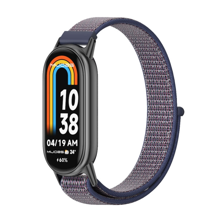 Gray breathable nylon loop watch band with navy accents and black clasp for smartwatch