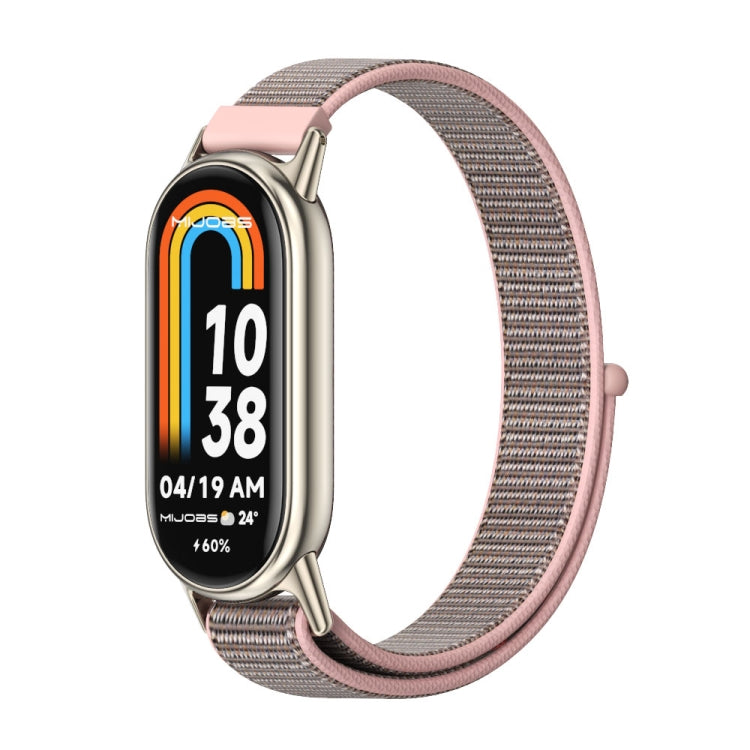 Gray and pink breathable nylon loop watch band with silver clasp for smartwatch
