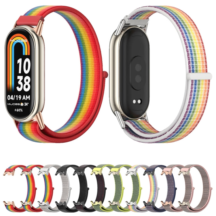 Breathable nylon loop watch band with rainbow woven strap and metal clasp