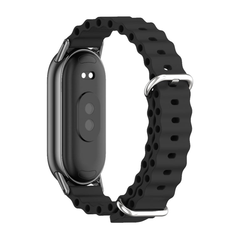 Black breathable silicone watch band with metal clasp, shown with smartwatch side attached