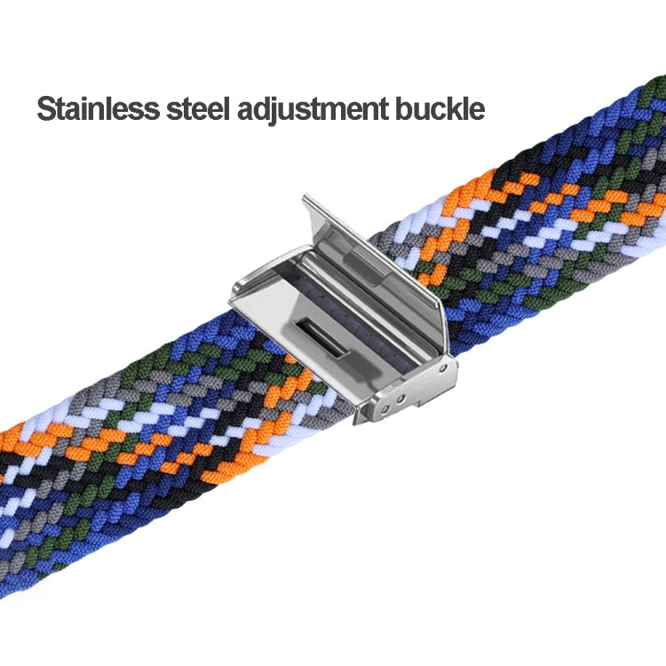 Adjustable braided nylon watch band with stainless steel adjustment buckle, blue and orange