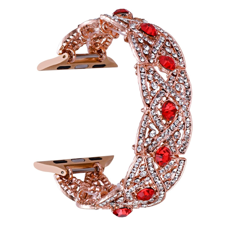 Rose gold twist metal watch band with red crystal stones and link clasp for Apple Watch