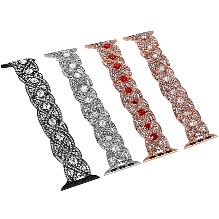 Twist metal watch bands with crystal and red-stone links in silver and rose-gold