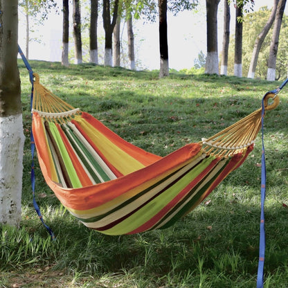 Colorful striped double canvas hammock swing with woven hanging ropes