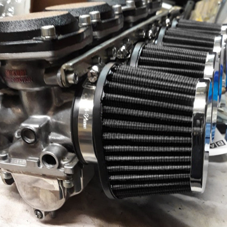 Black pleated mushroom air filter with metal intake base and mounting clamp