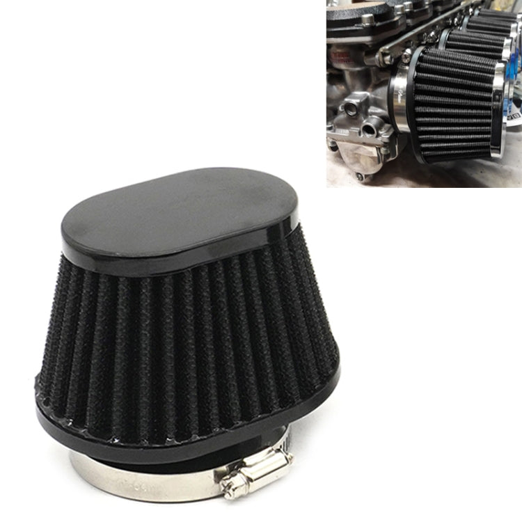 Black mushroom-style motorcycle air filter, pleated cone with metal base and clamp