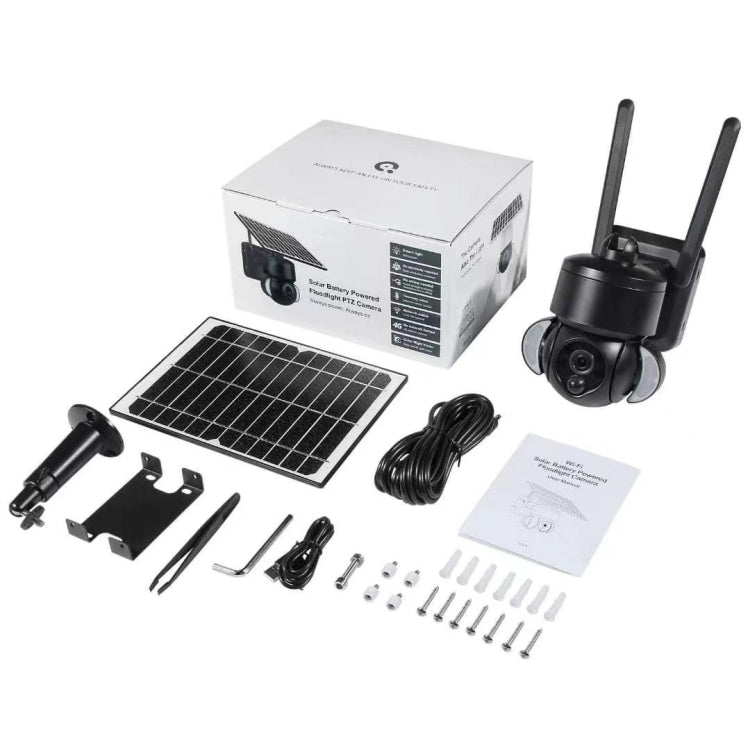 Solar-powered outdoor IP dome security camera kit with accessories and mounting parts