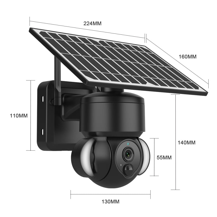 Solar dome IP camera with attached solar panel and front PTZ-style dual-lens housing