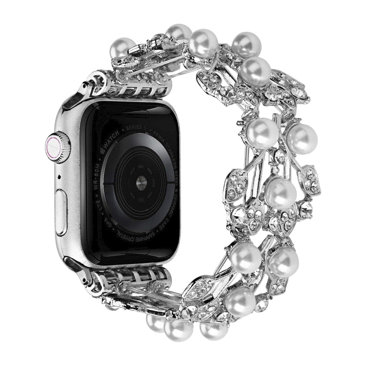 Silver four-leaf bead metal watch band with pearl-like beads and rhinestone accents