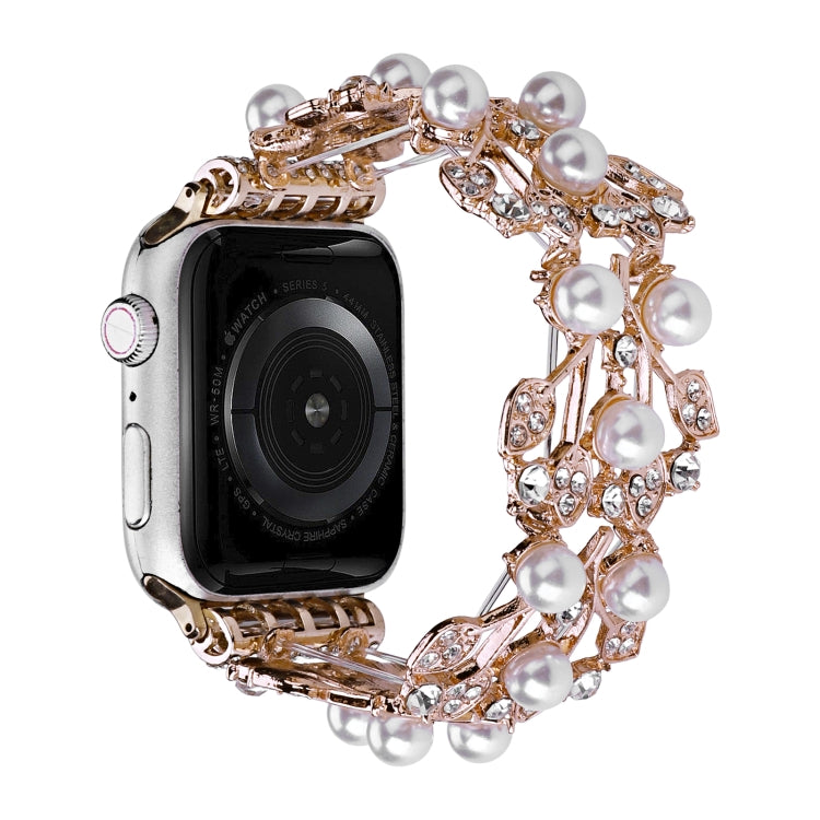 Four-leaf bead metal watch band with rose-gold links and pearl-style beads