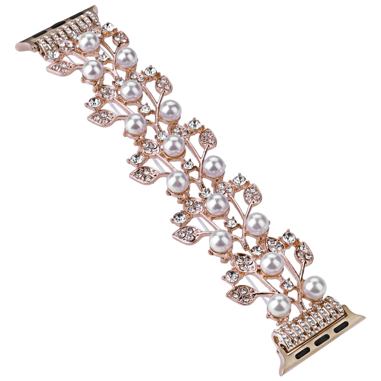 Four-leaf beaded metal watch band in rose gold with pearl beads and crystal details