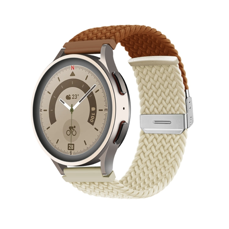 Brown braided nylon watch band with buckle clasp and metal keeper