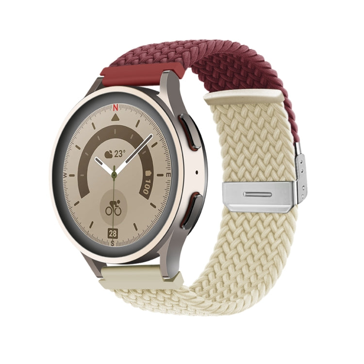 Braided nylon watch band with buckle, burgundy and cream braided strap, silver clasp