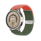 Braided nylon watch band with buckle, coral orange top and green braided strap, silver clasp