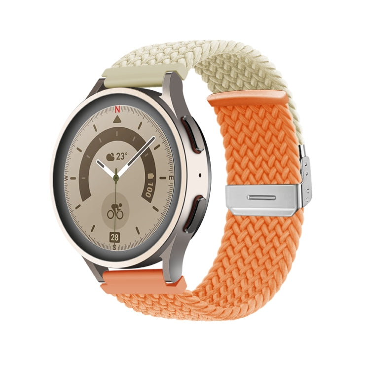 Orange braided nylon watch band with buckle clasp and metal keeper